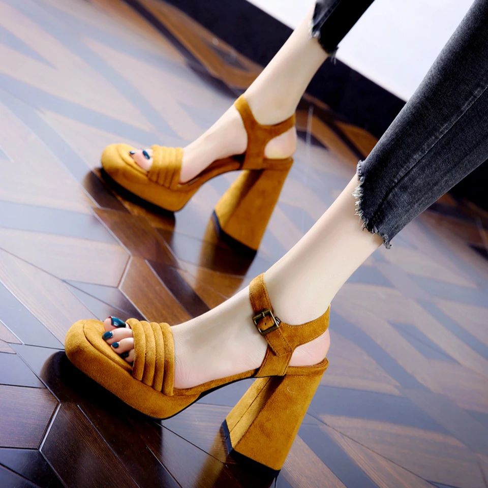 10CM[已经开价]露趾粗跟凉鞋2025年夏季防水台绒面高跟鞋女620-1