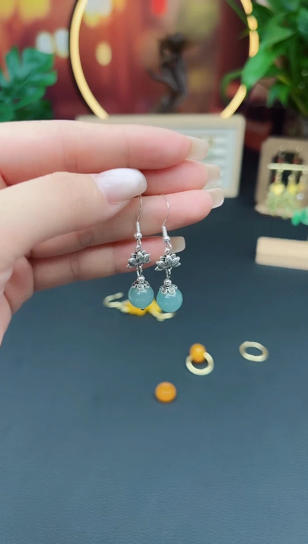 石英质玉（天山翠）银S925镶嵌耳饰237000