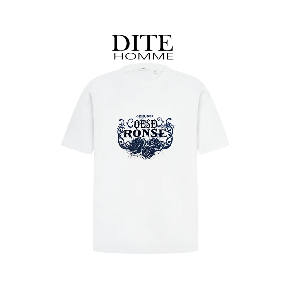 Dite迪特男士夏薄3Dlogo英文花卉印花植绒圆领纯棉白蓝色短袖t恤
