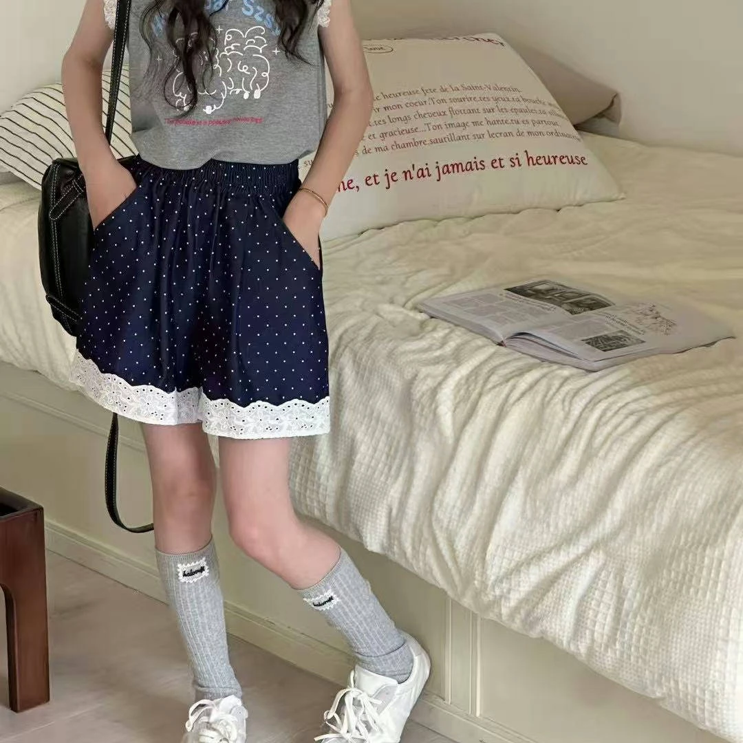 2025夏中大女童韩版松紧高腰宽松超薄阔腿接蕾丝波点五分裤25056