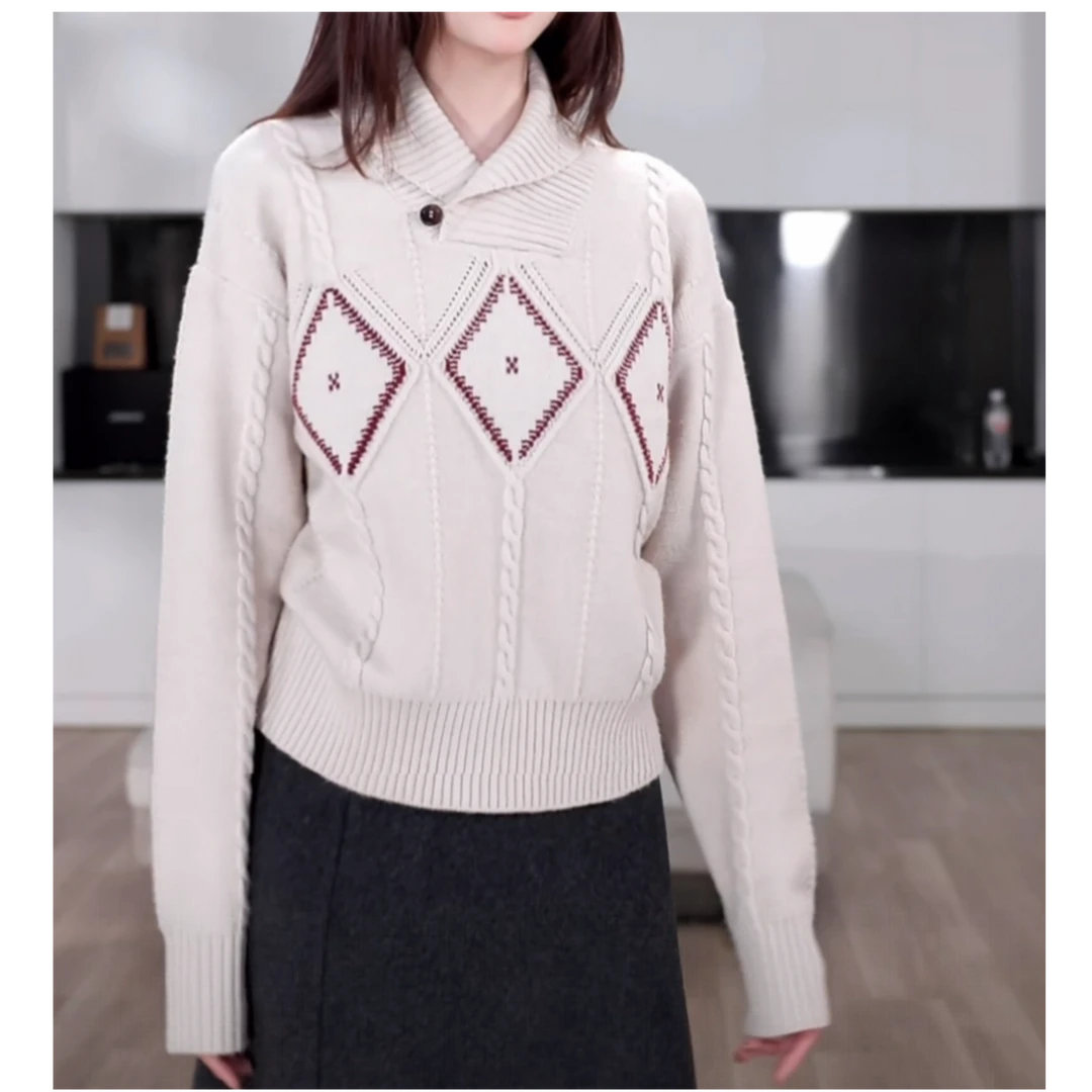 韩系复古翻领毛衣女冬季穿搭菱格纹针织衫宽松显瘦慵懒风内搭上衣