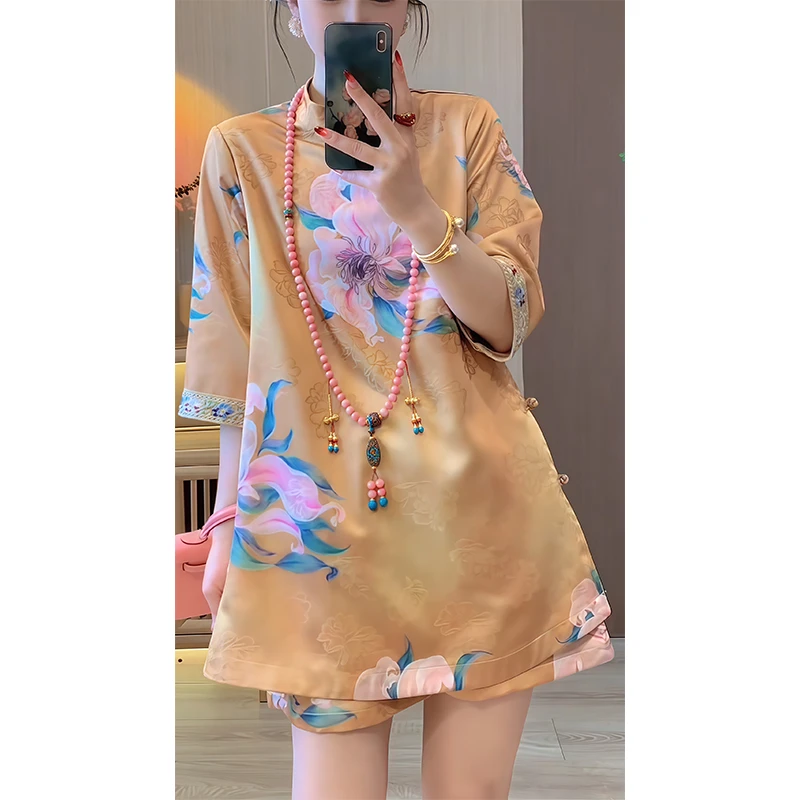 新中式改良套装重工刺绣盘扣上衣一整套2025夏季穿搭新国风短裤潮