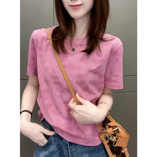 时尚宽松正肩短袖t恤女士2025新款爆款胖mm显瘦遮肉夏季短款上衣