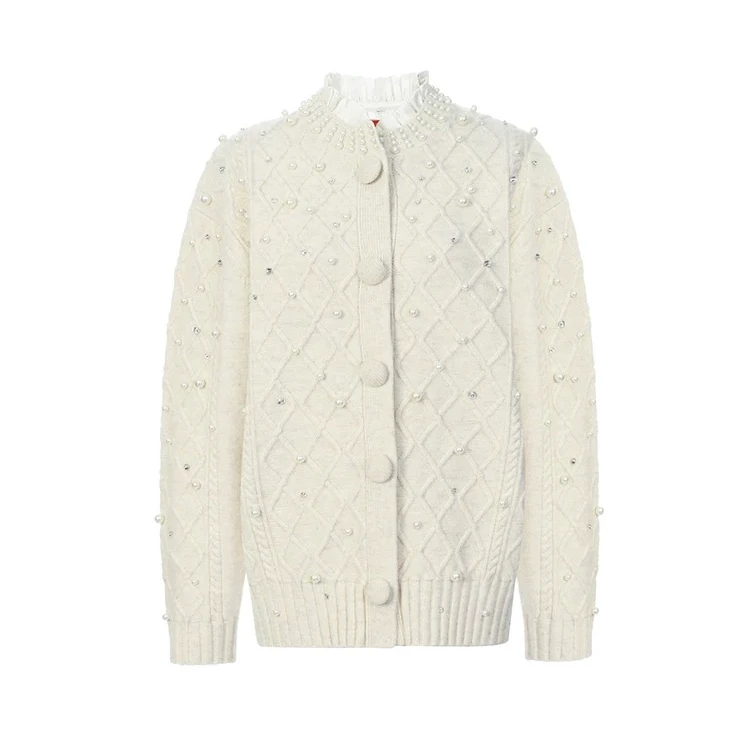 LeFame/拉飞姆24秋LF24Q41ZM217杏色菱格纹钉珠针织外套秋冬