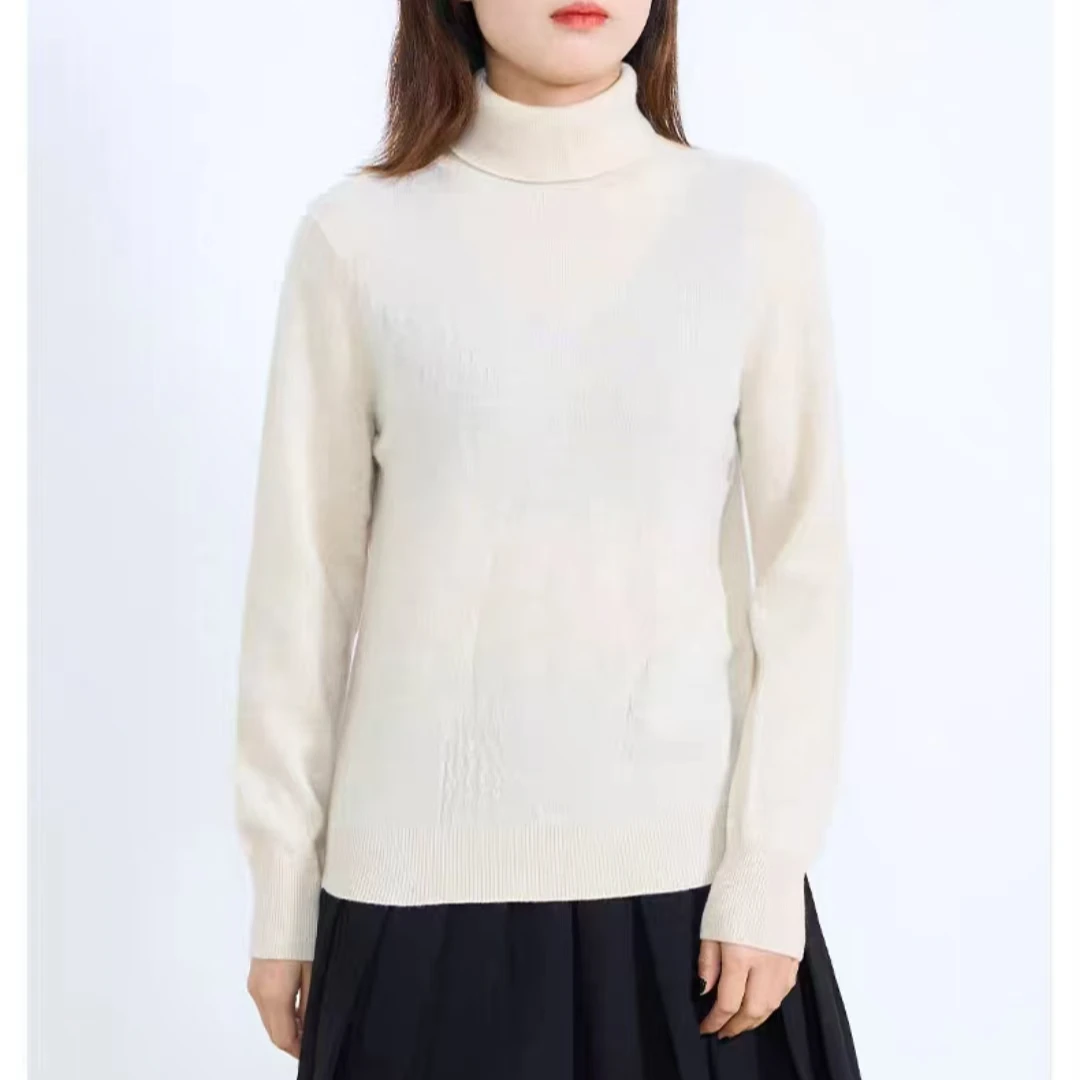 100%山羊绒宽松长袖高领打底针织衫时尚慵懒风