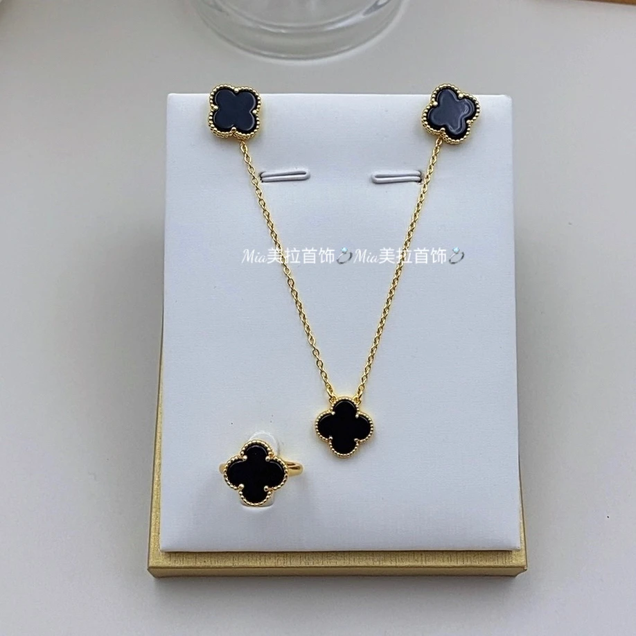 钛钢亚克力项链 三件套气质时尚百搭黑色双面经典镶嵌坠链轻奢