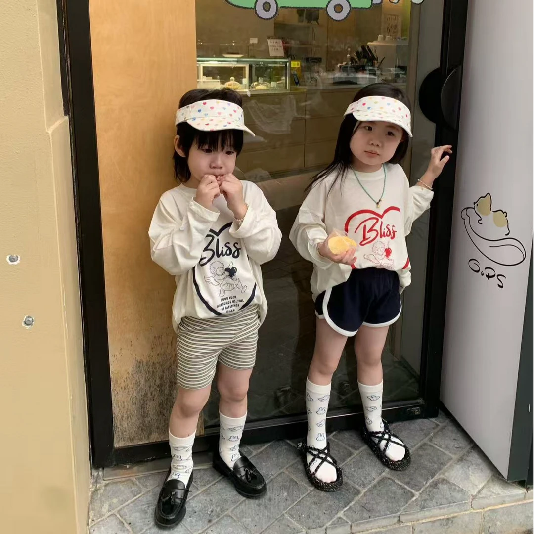 小思家女童2025夏季百搭韩版洋气印花长袖上衣休闲条纹骑行裤套装