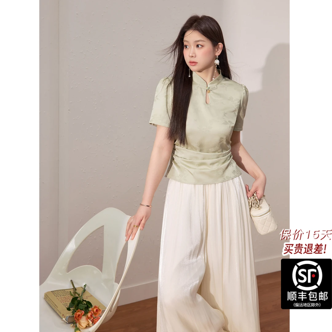 蓝语大码女装新中式短袖上衣显瘦飘逸裤裙夏季巨好看两件套08720