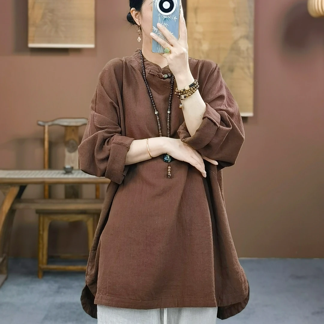 束心新中式秋装新款复古立领斜襟盘扣高定亚麻纯色长袖中长款上衣