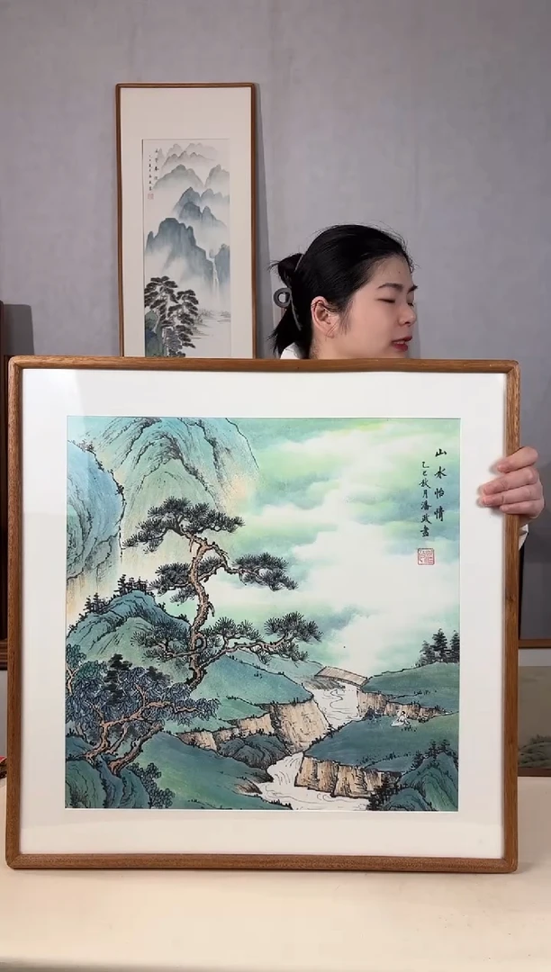 国画手绘*山水怡情*62*62cm实木框