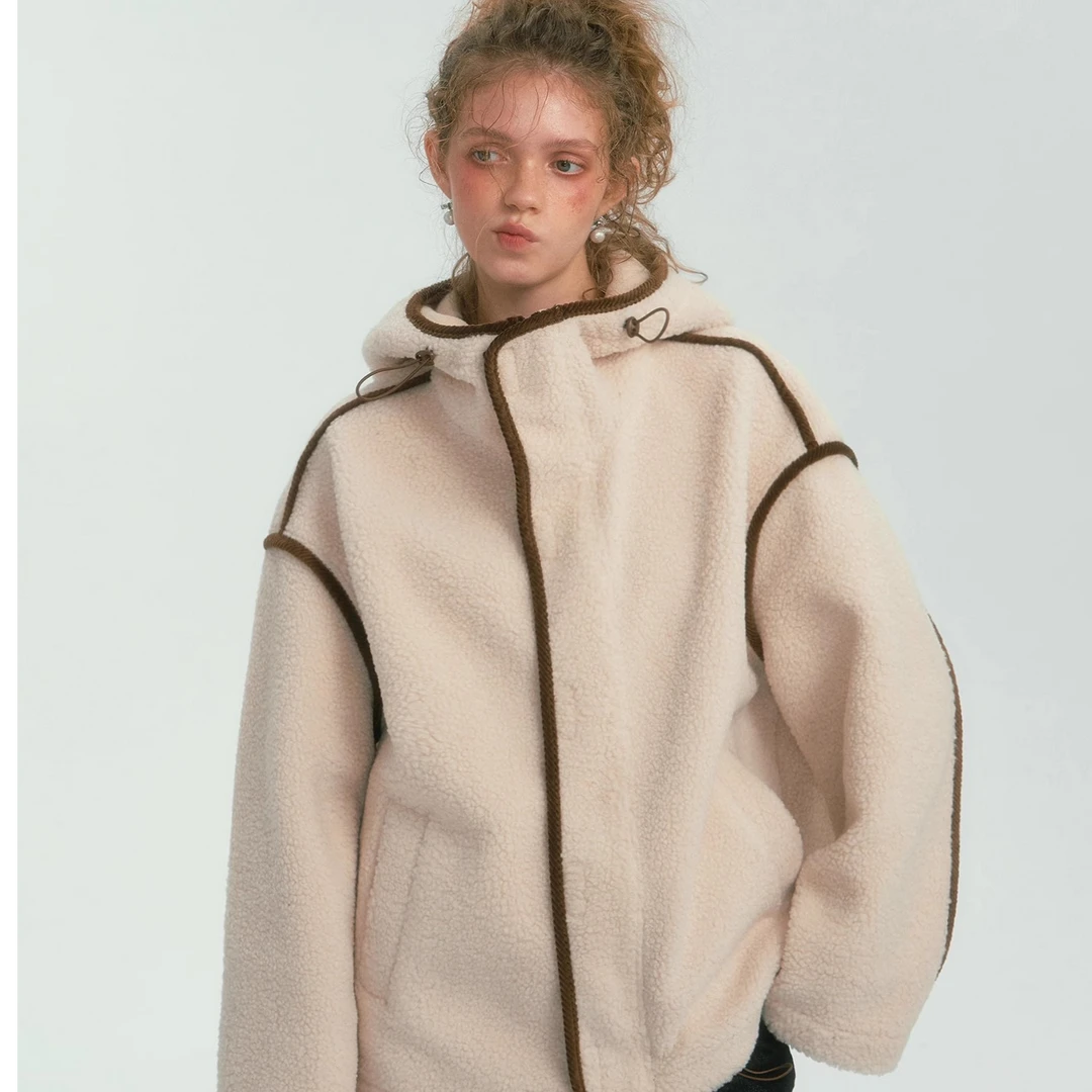 明星同款SOMESOWE撞色滚边条摇粒绒连帽外套女宽松加厚上衣秋冬