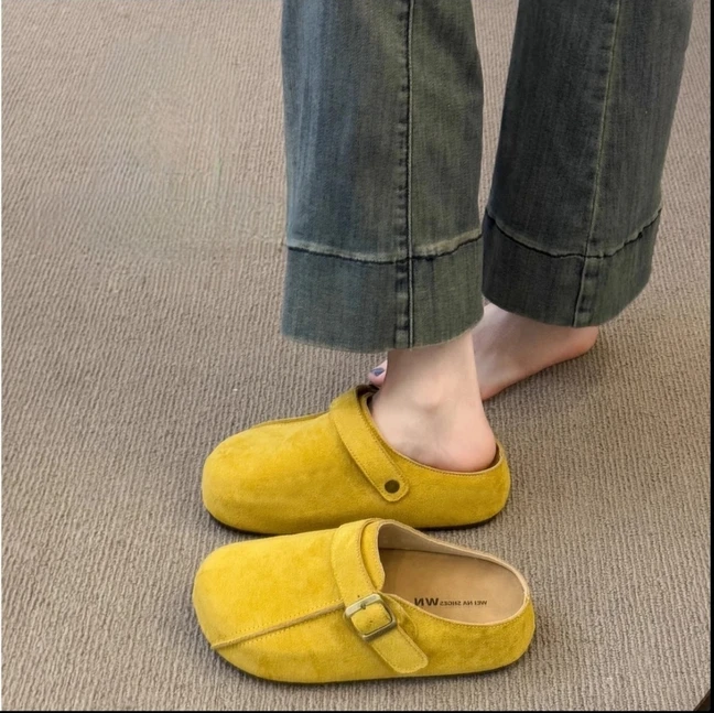 2025春时尚百搭一脚蹬两穿复古设计厚底卡皮巴拉外穿女勃肯半拖鞋