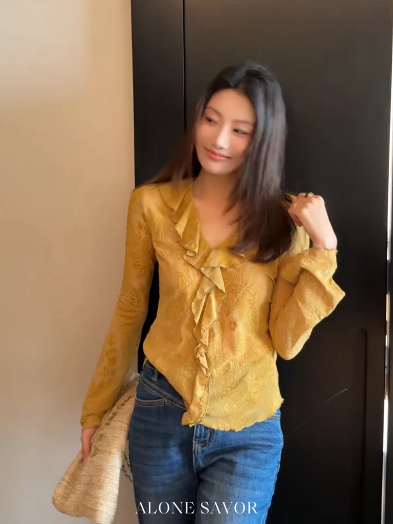 法式复古荷叶边长袖衬衫女2025秋新款设计感小众修身显瘦气质上衣