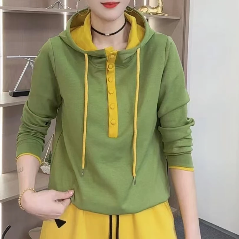 春季新款时尚女士撞色连帽长袖卫衣春秋百搭显瘦运动打底套头上衣