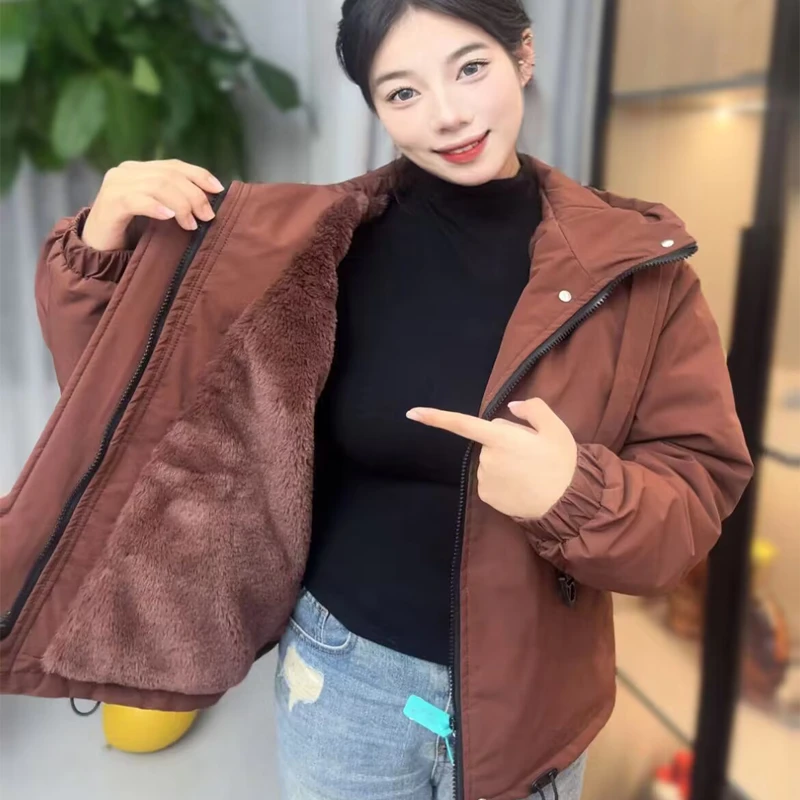 加绒加厚连帽外套女秋冬大码宽松休闲派克服保暖棉服欧货短款上衣