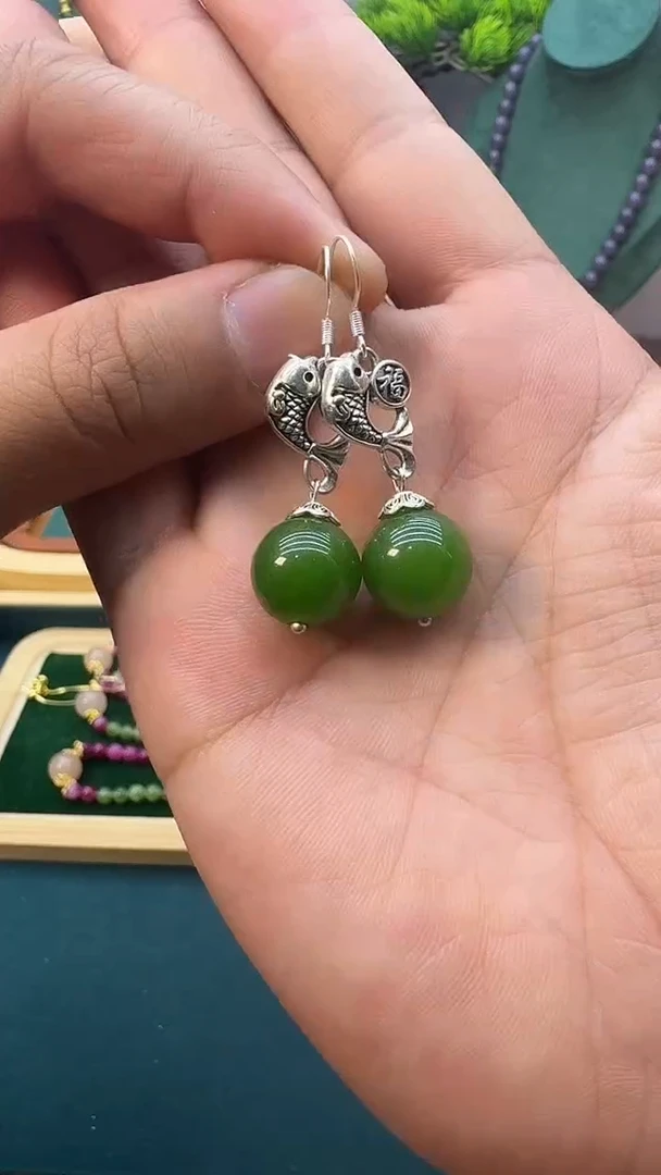 和田玉银S925镶嵌耳饰E10