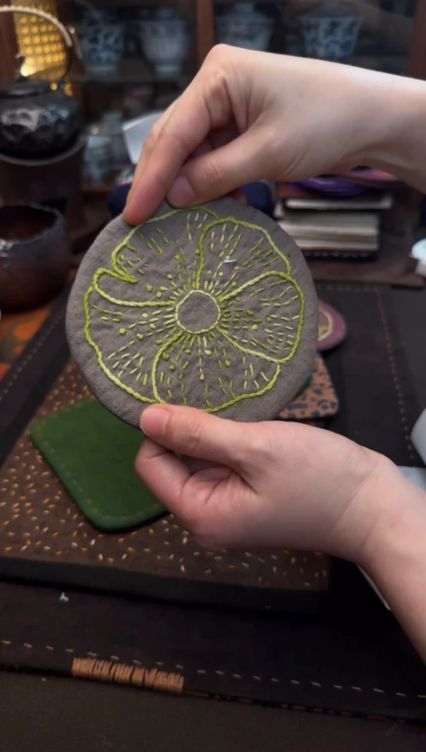 织绣Cici手作老布柿染杯垫289