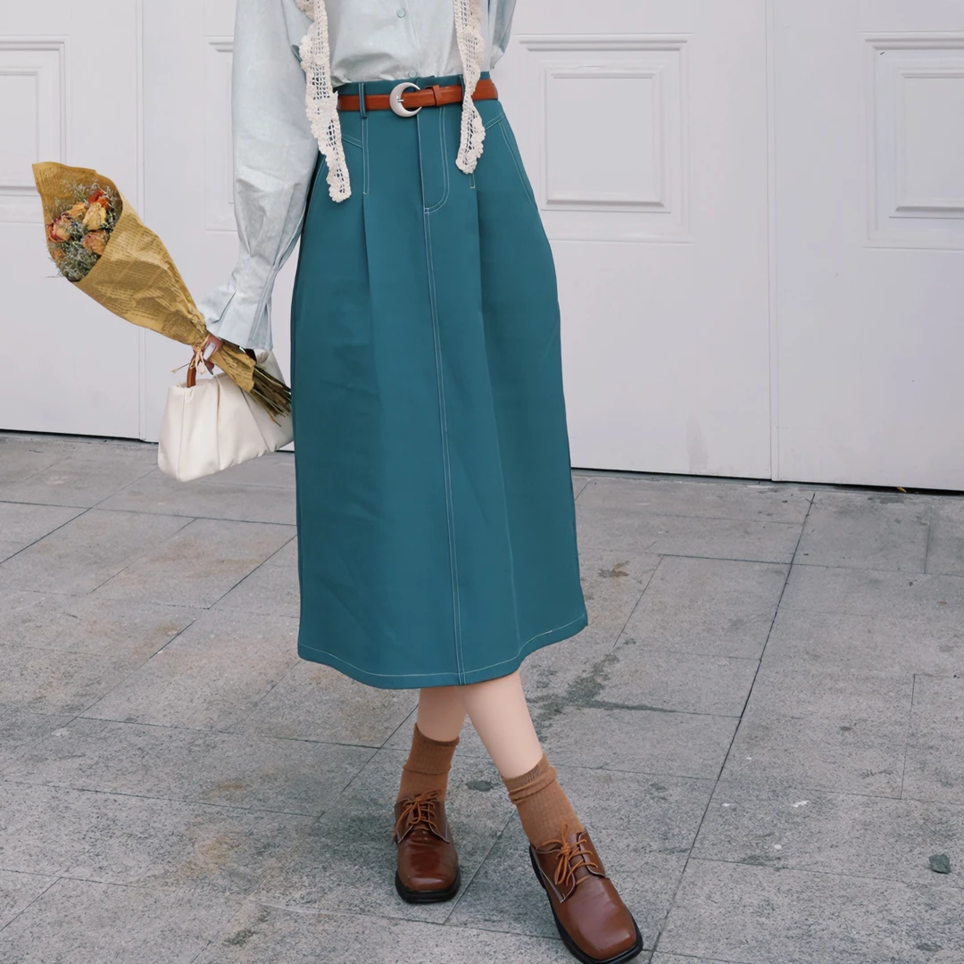 丁佳欣【雨落】港风复古纯色半身裙显瘦高腰百搭裙子JS1113169