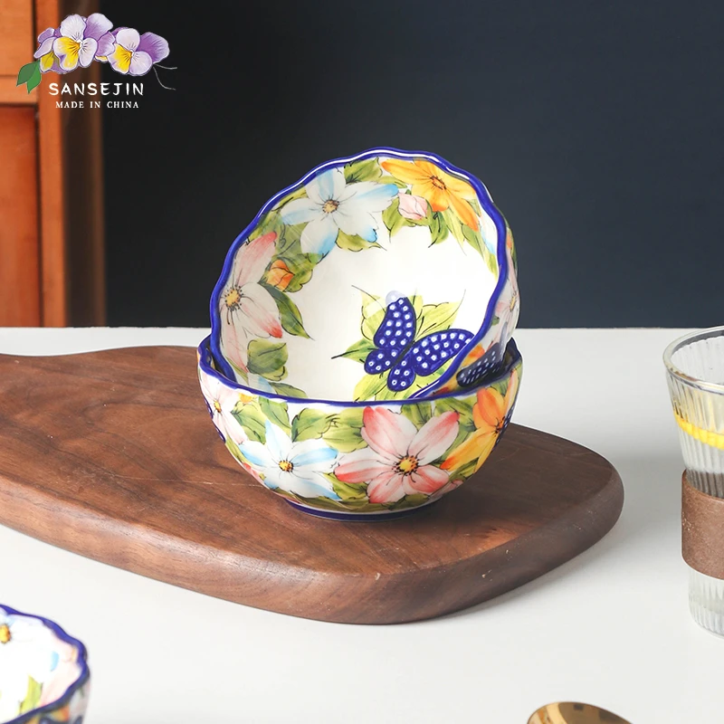 新疆包邮【水仙花】轻奢手绘釉下彩陶瓷5英寸米饭碗四只