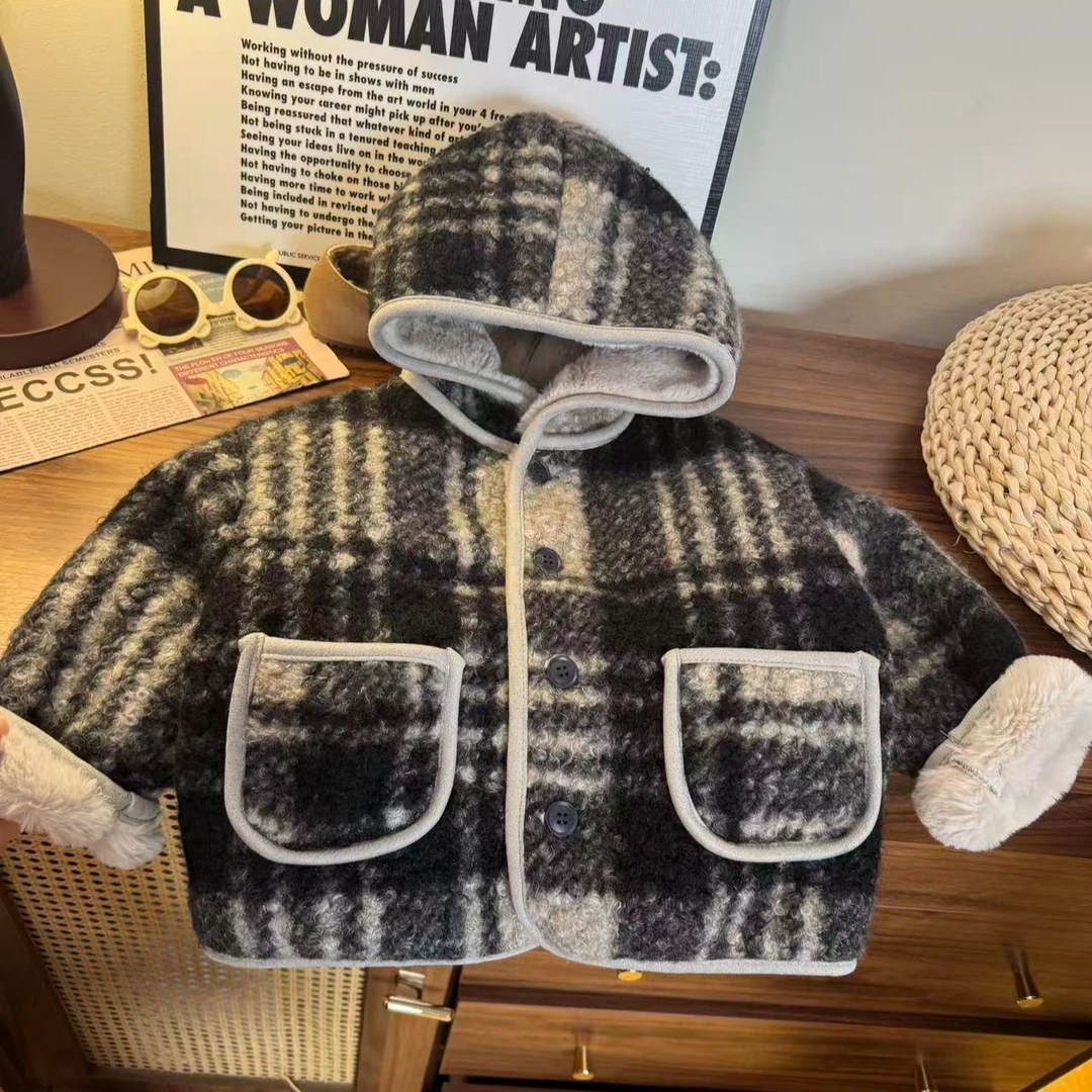 黑白格呢子大衣儿童加厚韩版冬季加绒连帽男童女童保暖棉衣外套