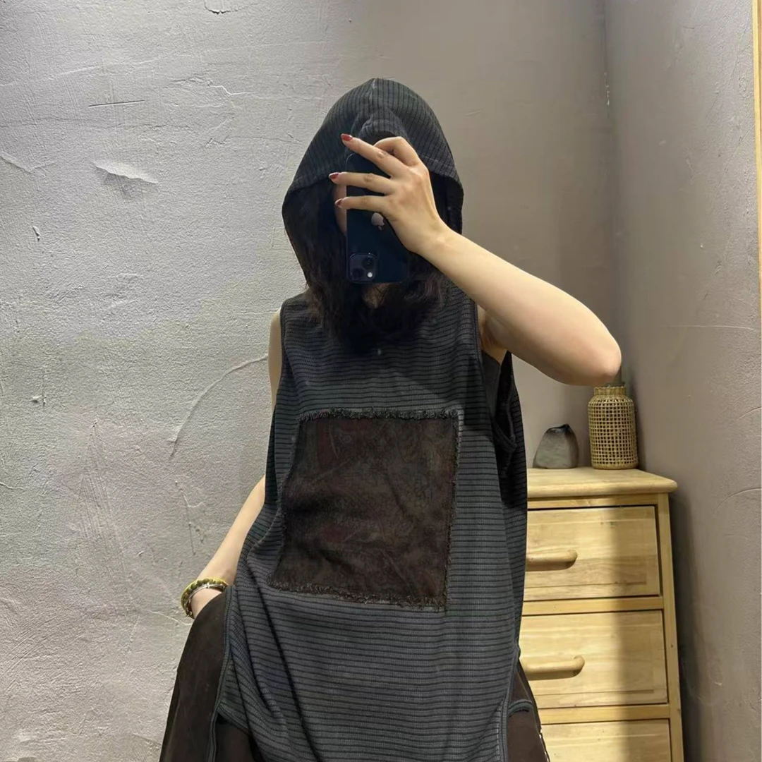 【半奏】春季新款 炒色做旧条纹毛毛边贴布连帽背心胸围120衣长66