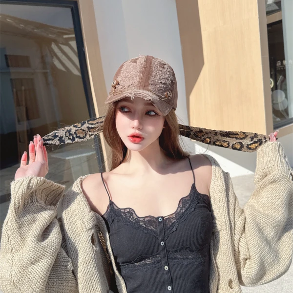 CREAMPP 原创设计师巧克力亮片豹纹飘带磨破做旧自绑蝴蝶结鸭舌帽