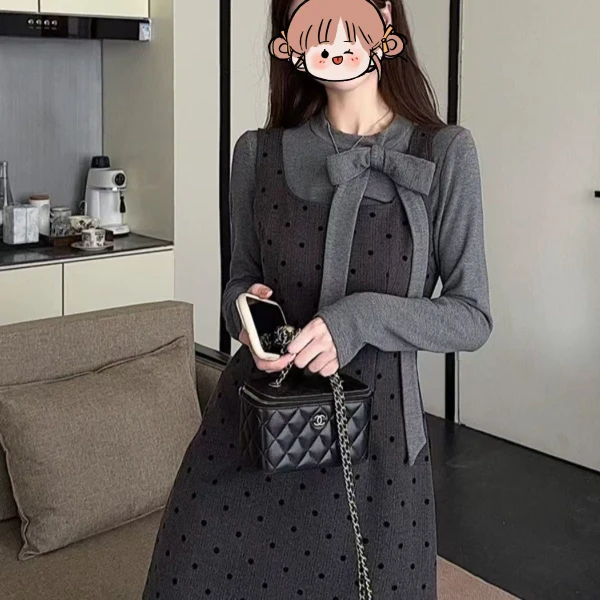 2024冬季季新款大码女装微胖MM复古甜美风蝴蝶结上衣波点连衣裙