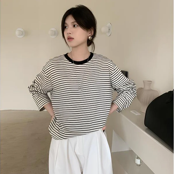 Manman Y3572自制韩系基础百搭t恤新款黑白条纹休闲宽松上衣