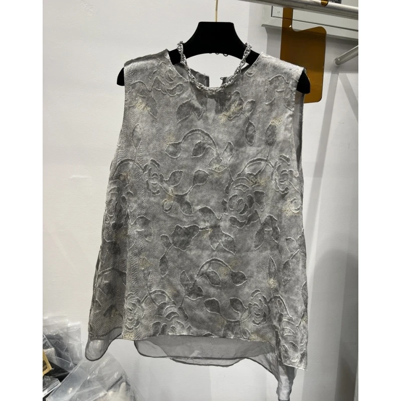 高端欧货2025夏季新款圆领立体印花网纱假两件无袖背心女小衫上衣