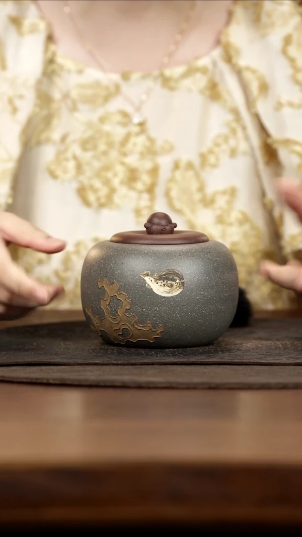 紫砂茶叶罐河豚钮淡墨泥泥绘河豚茶叶罐