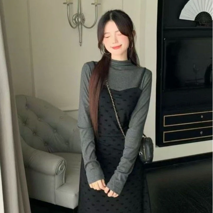 （现货+运费险）韩版法式假两件拼接秋冬瘦腰紧身显瘦显气质连衣裙