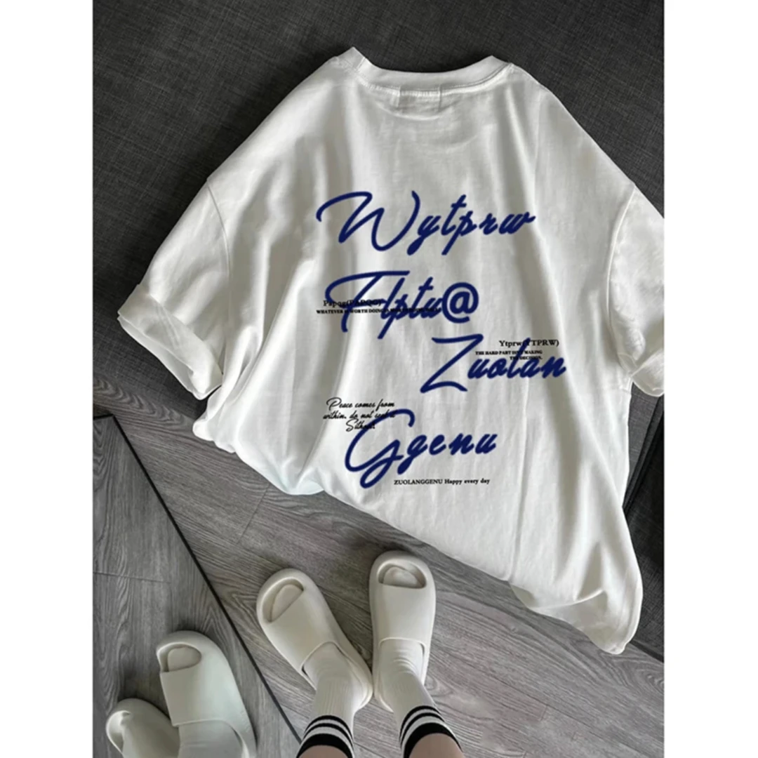 100%纯棉简约前后字母情侣t恤短袖女oversize中长款上衣