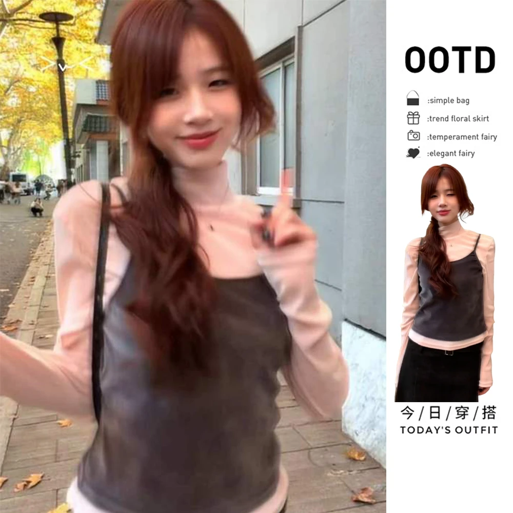 韩系小香风长袖上衣吊带套装女2025冬季新款打底内搭穿搭配一整套