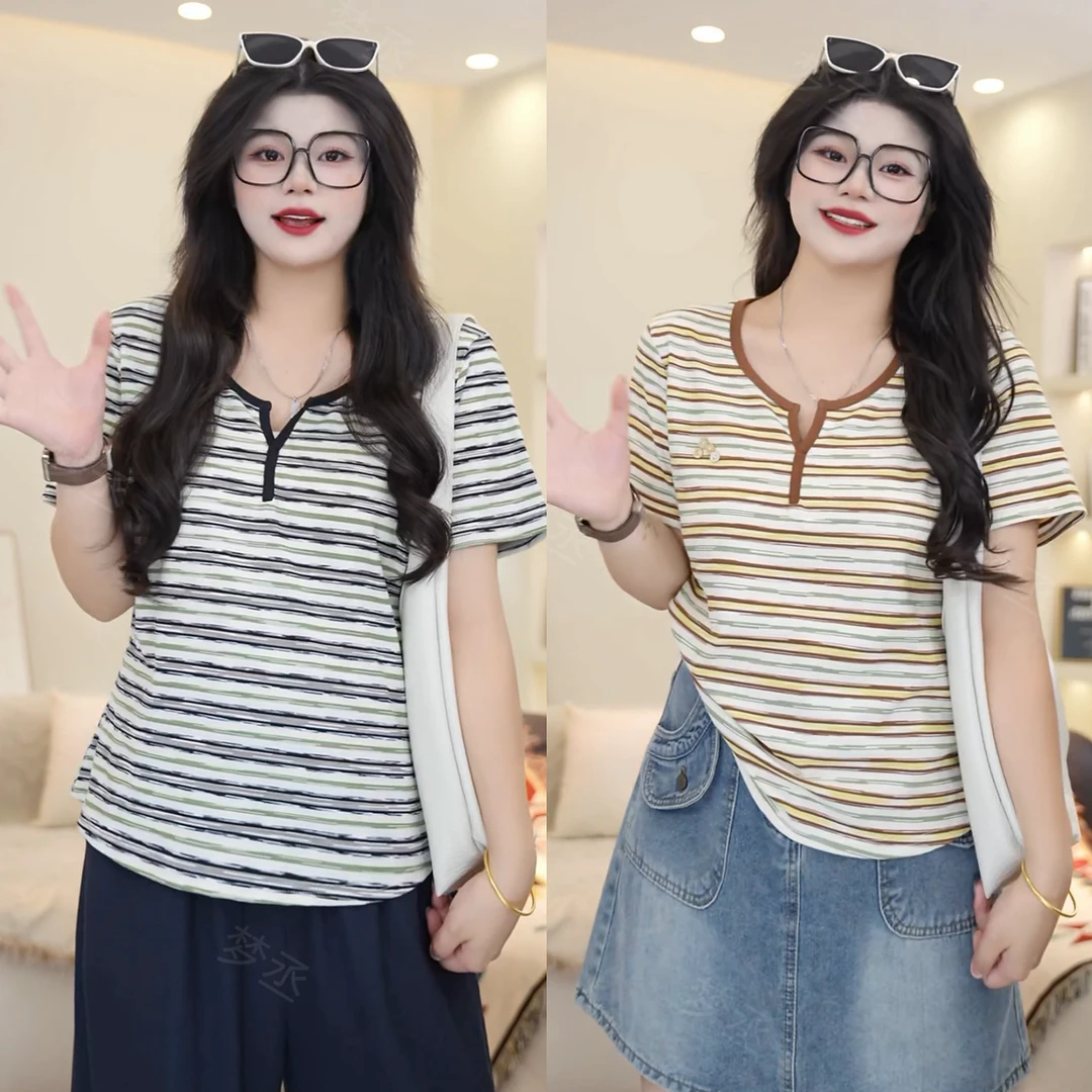 梦丞【条纹恋人】夏季大码女装条纹宽松显瘦别致洋气宽松短袖T恤