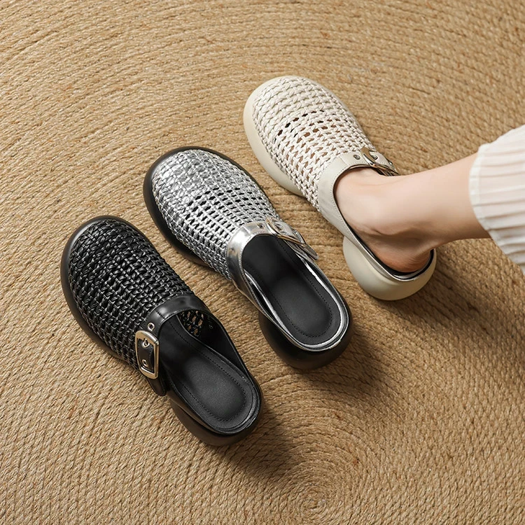 6CM跟高包头拖洞洞鞋厚底2025夏新款真皮粗跟凉鞋圆头后空半拖鞋