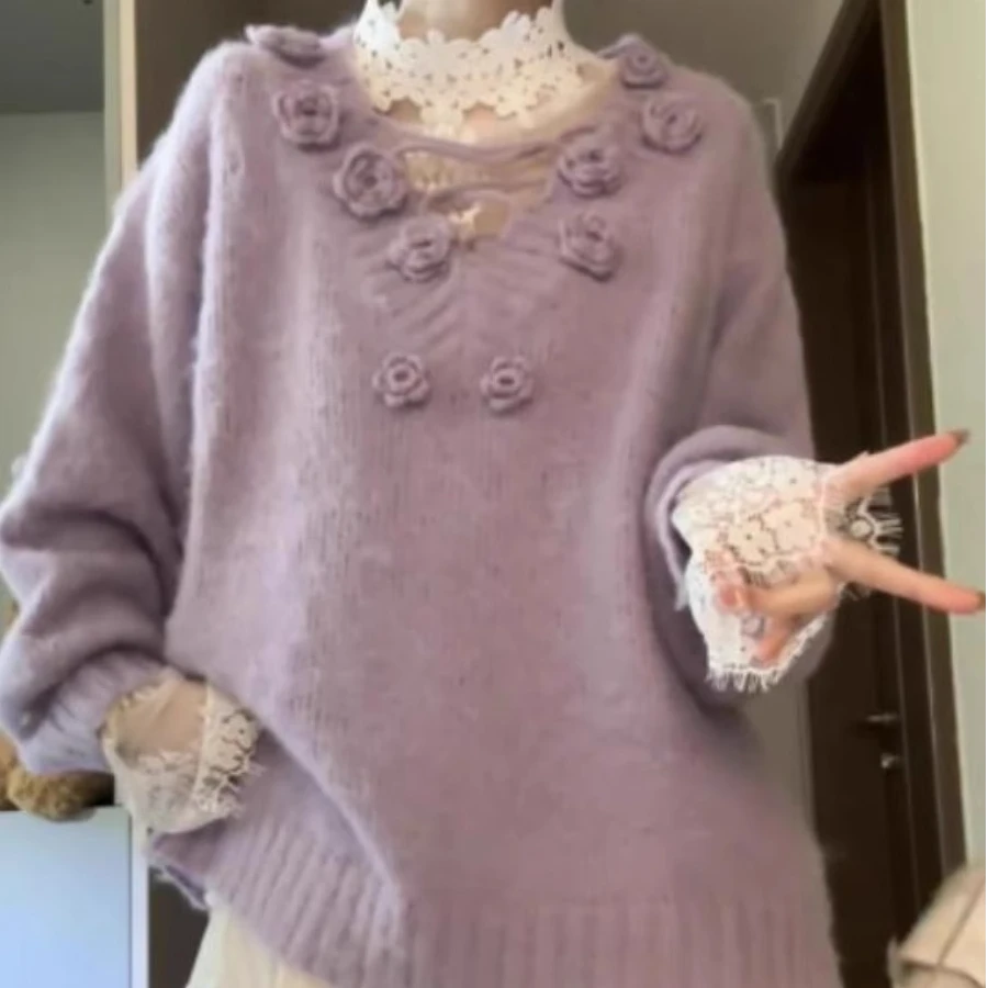 高级感立体花朵洋气紫色V领毛衣女秋冬慵懒风软糯宽松针织衫外套