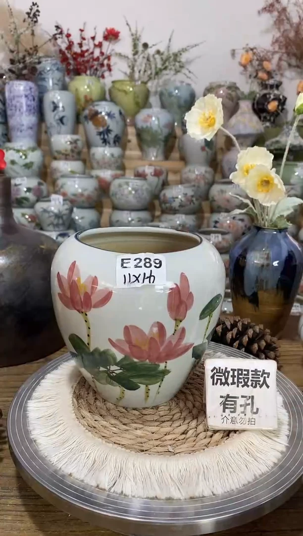 景德镇瓷韵手绘陶瓷花盆   E289 口缩釉