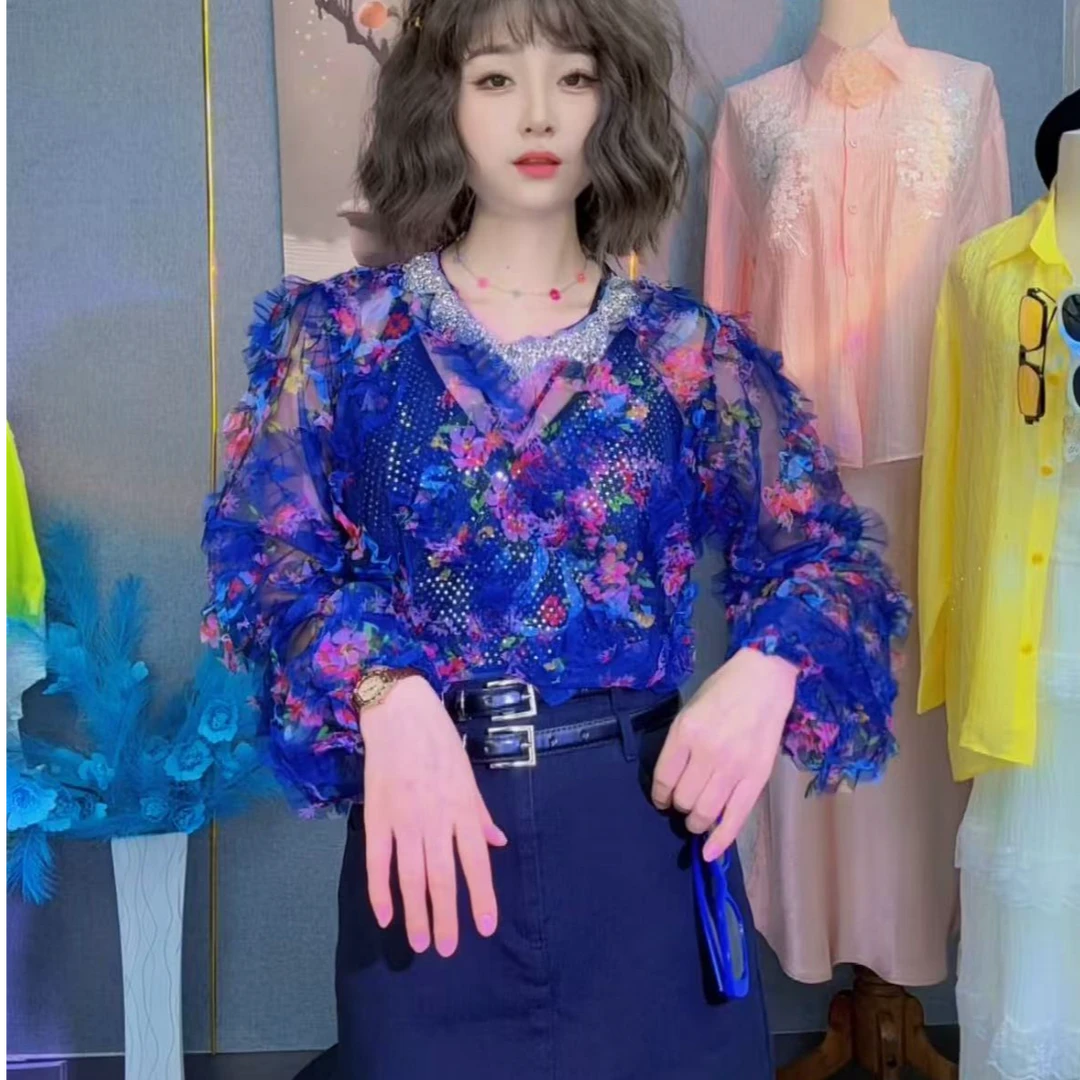 女装雪纺衫薄款拼接时尚碎花显瘦气质长袖网红洋气百搭印花