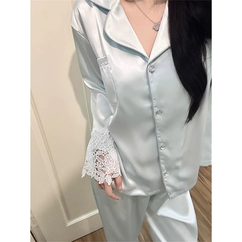 【法式气质】高级感冰丝绸缎睡衣女春秋季新款长袖长裤家居服套装