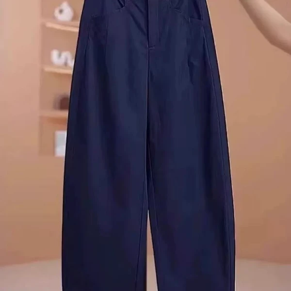 藏青色休闲裤女2025夏季薄款大码胖mm梨形身材高腰显瘦直筒弯刀裤