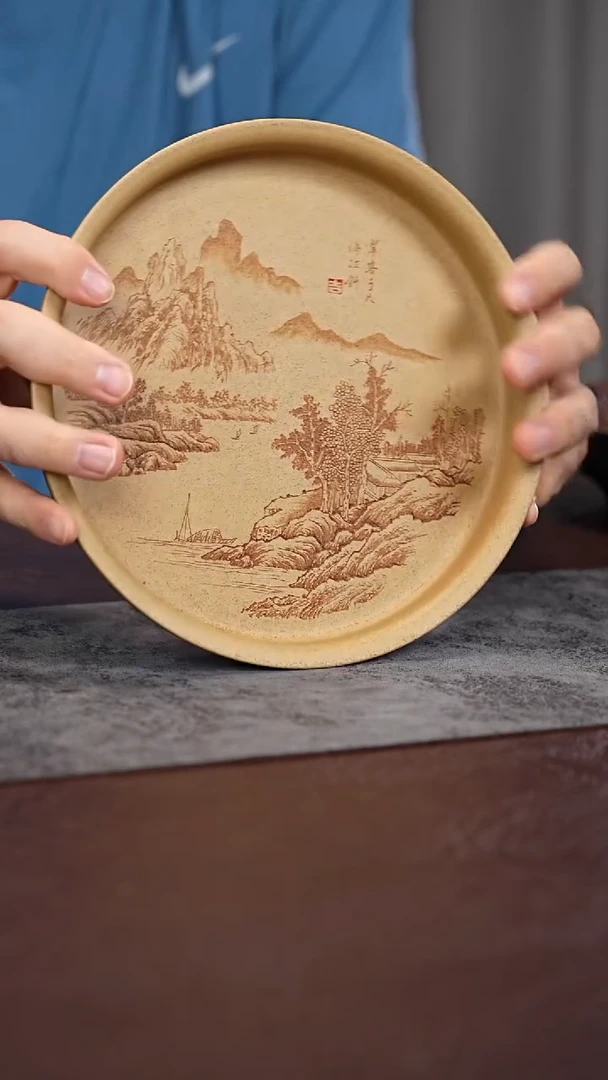 茶杯紫砂山水刻绘 壶承