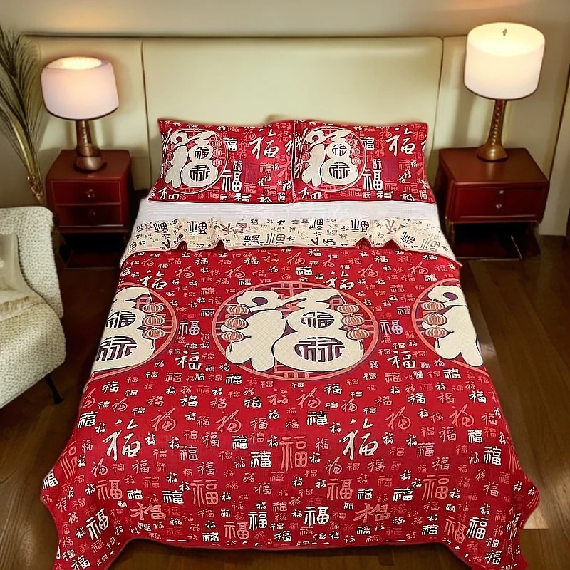 大红色纱布多功能百福床盖