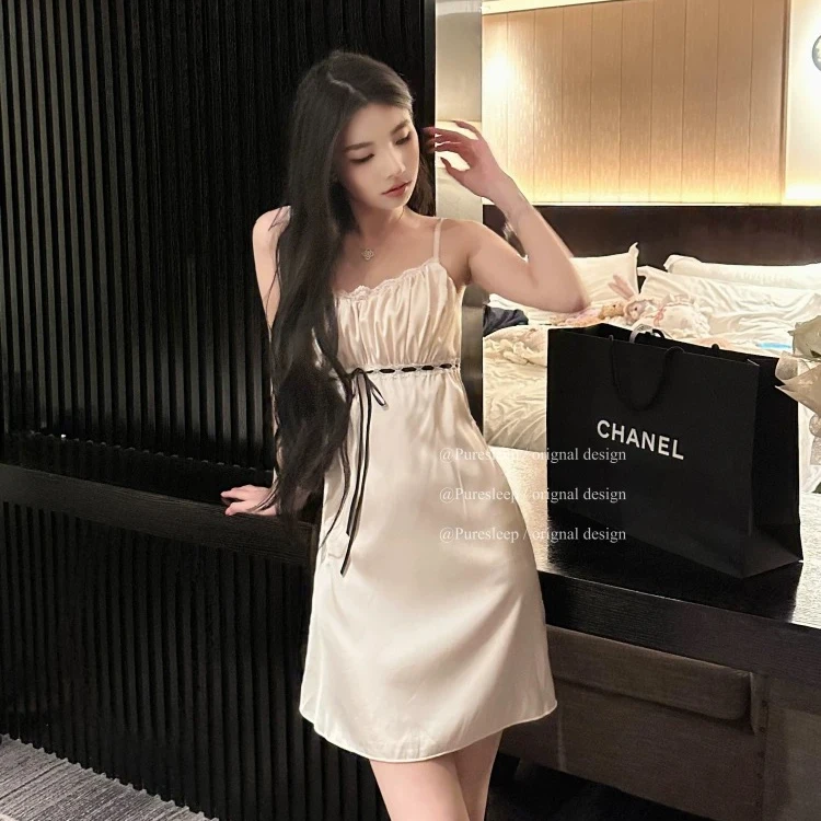 香槟色缎面睡裙简约风冰丝吊带蕾丝显瘦性感睡衣服