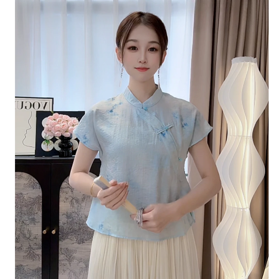 【全额运费补贴】新中式国风上衣女夏季斜襟盘扣蓝色小衫9657