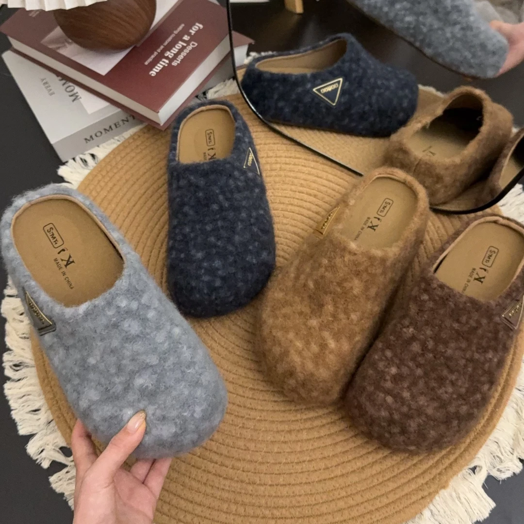 秋季新款小鹿斑比软乎乎金属扣设计外穿女毛毛勃肯包头拖鞋