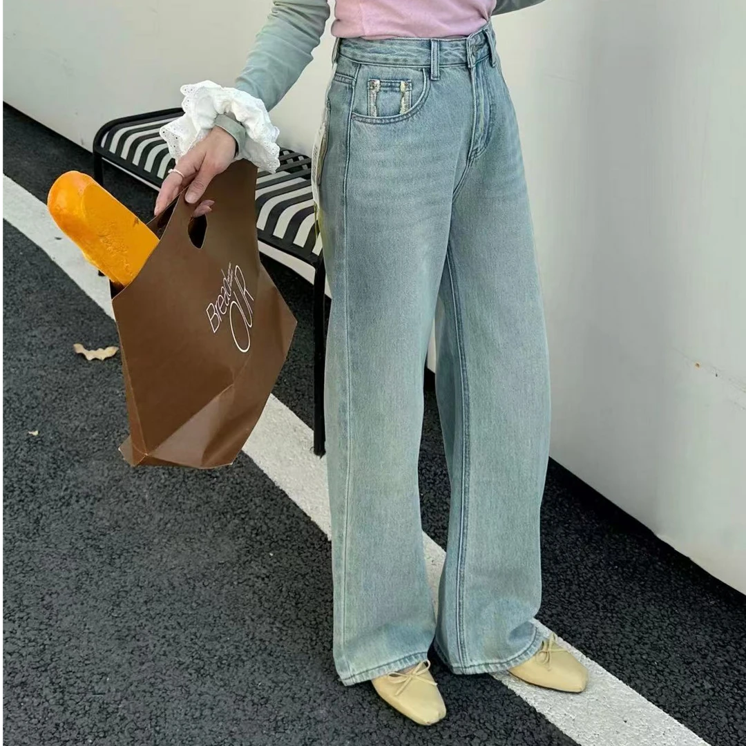 60537春夏季新款时尚窄版高腰显瘦百搭牛仔直筒裤