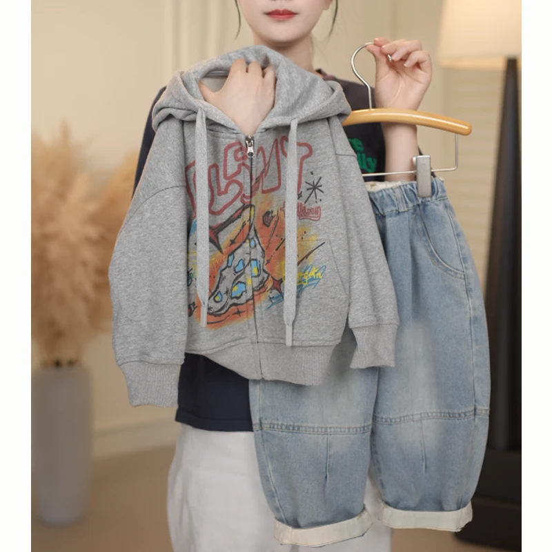 秋季新款韩版儿童连帽开衫涂鸦外套时尚休闲百搭宽松外套