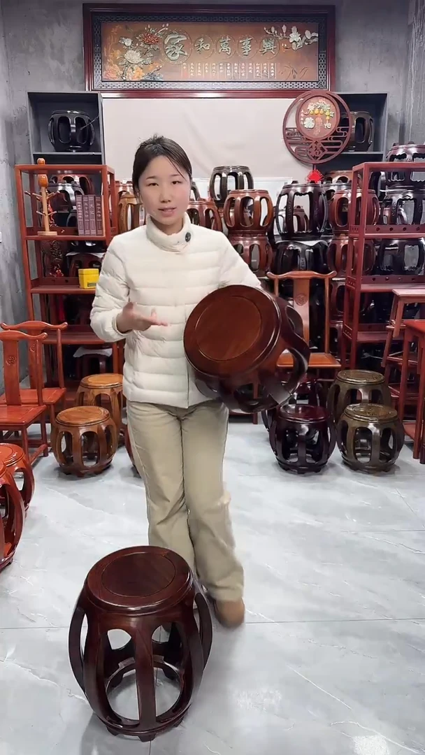 花梨木类家具胡桃色小号鼓凳一对（两条）