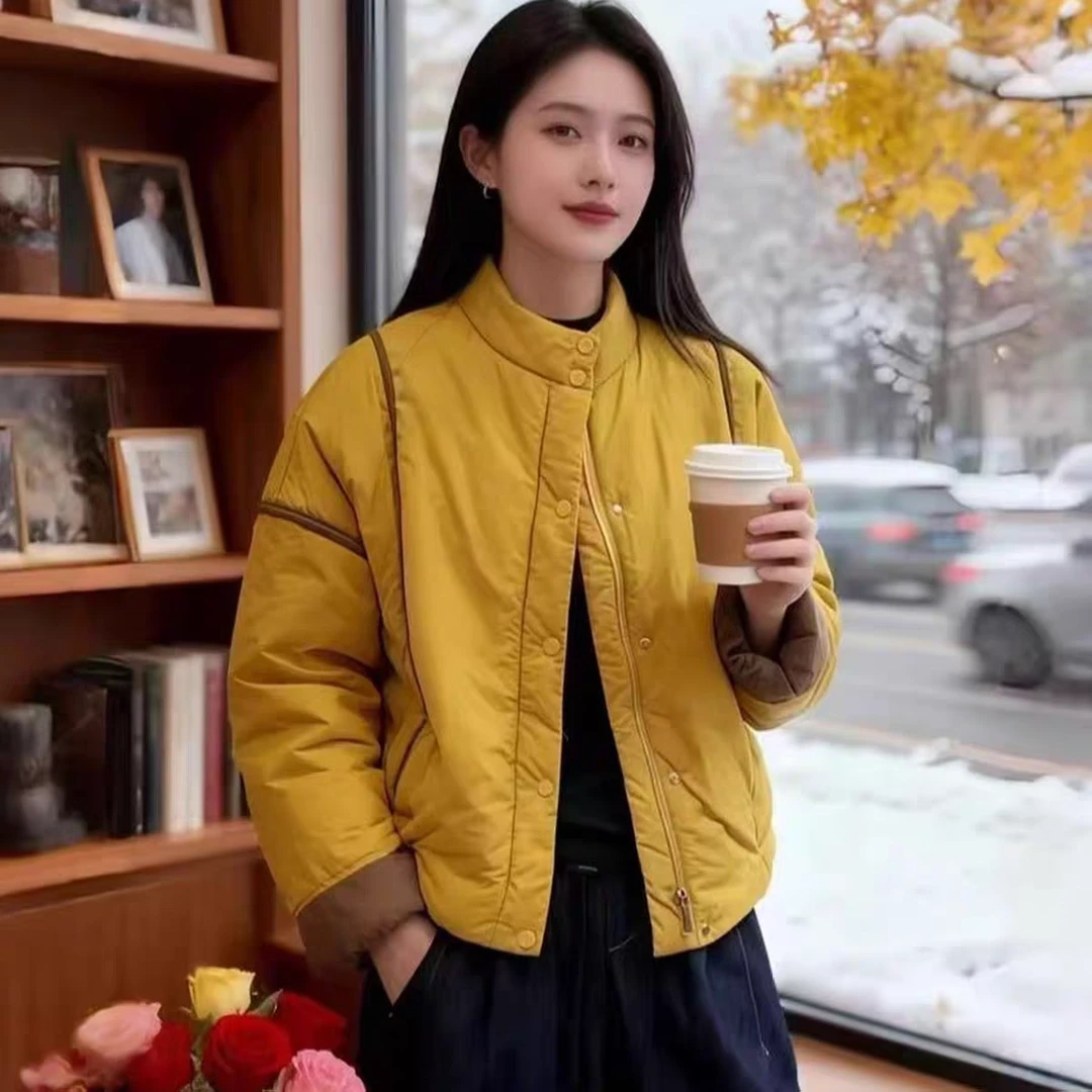 时尚撞色立领短款棉服外套女2025秋冬季新款百搭设计感保暖棉衣潮
