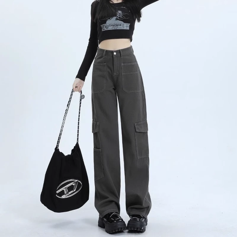 夏季新款甜酷设计感高腰宽松显瘦拖地长裤子ins阔腿工装牛仔裤女